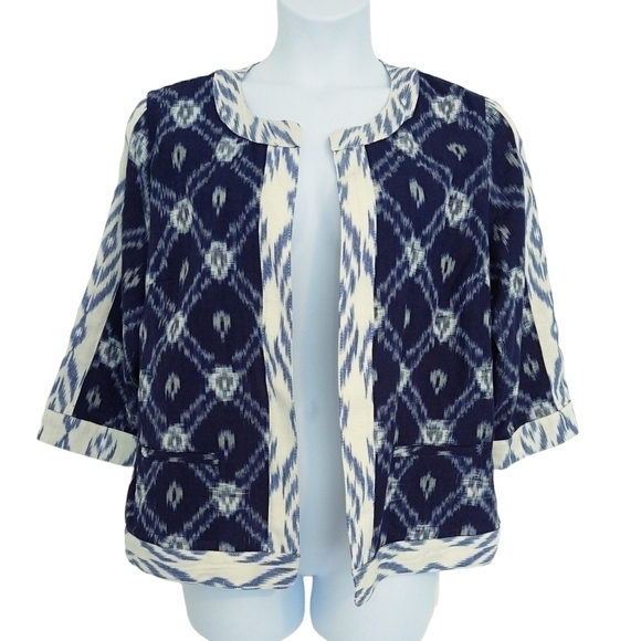 Chico's 100% Cotton Ikat Jacquard Blue Cream Geo Lightweight Jacket Boho - Picture 1 of 9
